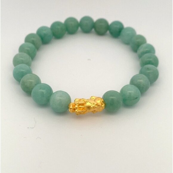 Unbranded Jewelry - Natural Aventurine Stretchable Bracelet Size 6 with 24K Gold Dragon Fortune Pixi